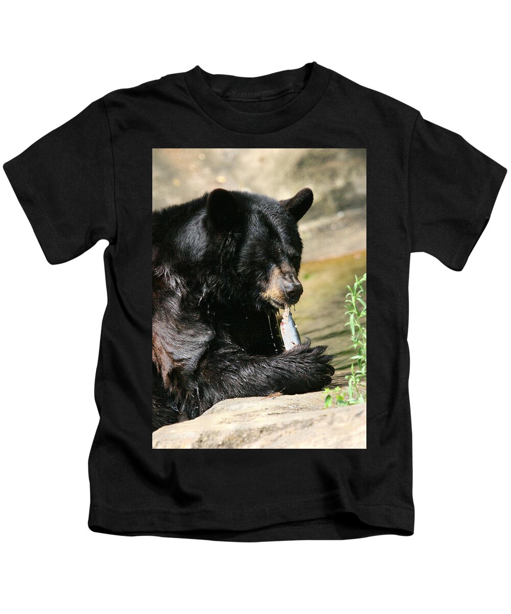 Nature Kids T-Shirt featuring the photograph Black Bear Fish Catch by Angela Rath