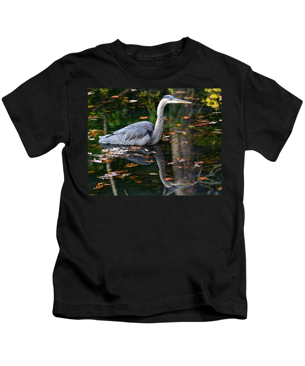 Blue Kids T-Shirt featuring the photograph Blue Heron in Autumn Waters by Frozen in Time Fine Art Photography