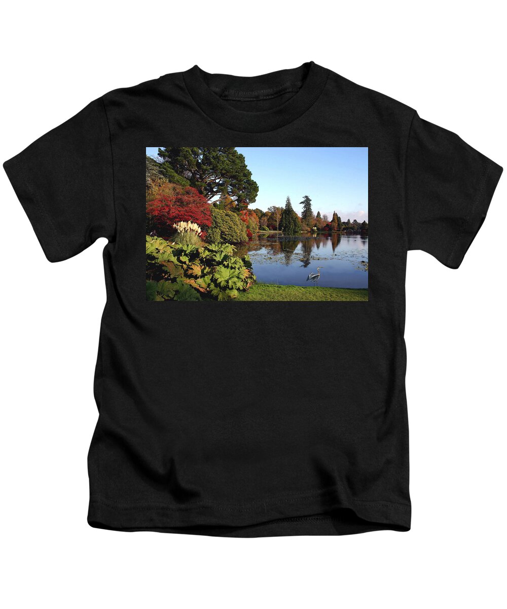 Fall Kids T-Shirt featuring the photograph Blue Heron Visit to Fall Lake by Sandi OReilly