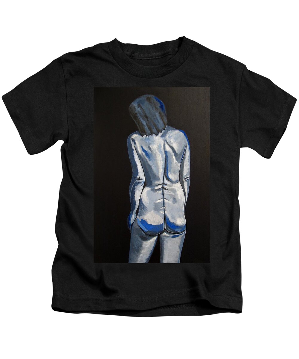 Nude Painting Kids T-Shirt featuring the painting Blue Nude self portrait by Sandra Marie Adams