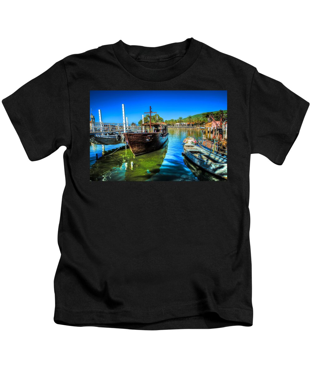 Israel Kids T-Shirt featuring the photograph Boats at Kibbutz on Sea Galilee by David Morefield
