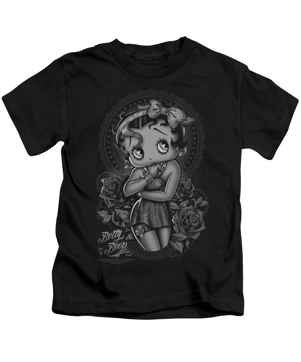 Betty Boop Kids T-Shirt featuring the digital art Boop - Fashion Roses by Brand A