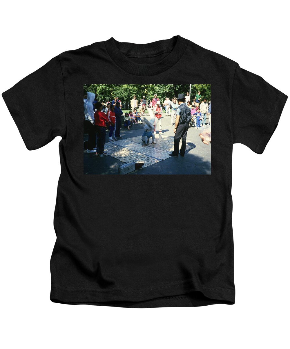 Break Dancing Kids T-Shirt featuring the photograph Break Dancing in Washington Square Park in 1984 by Gordon James