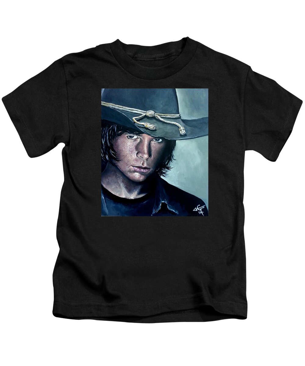 Carl Grimes Kids T-Shirt featuring the painting Carl Grimes by Tom Carlton
