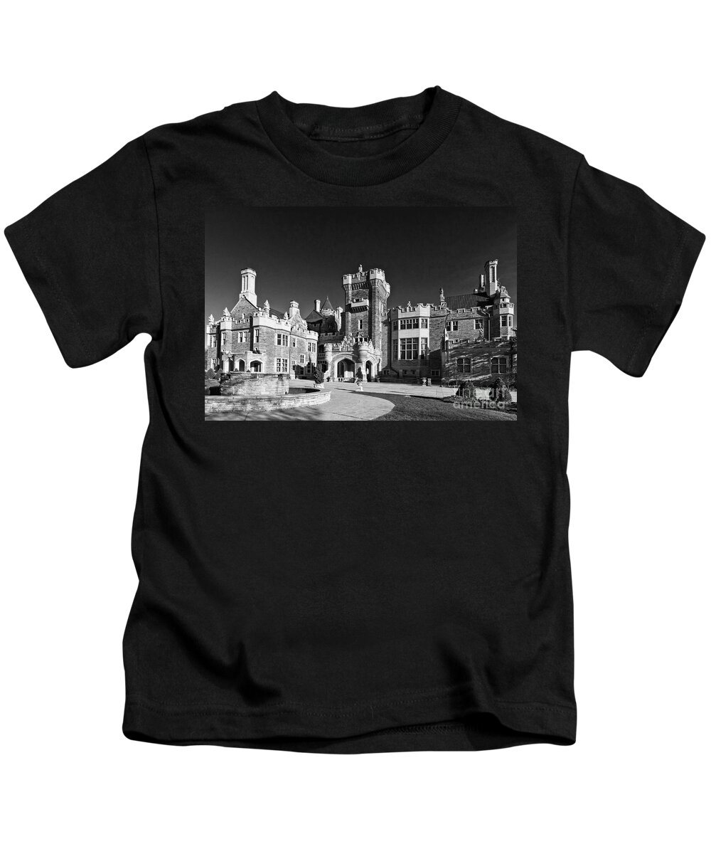 Casa Loma Kids T-Shirt featuring the photograph Casa Loma in Toronto in Black and White by Les Palenik