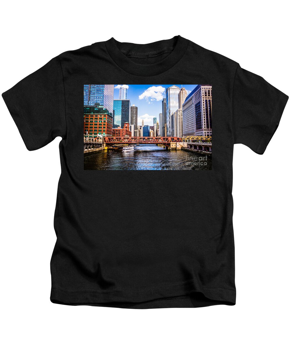 America Kids T-Shirt featuring the photograph Chicago Cityscape at Wells Street Bridge by Paul Velgos
