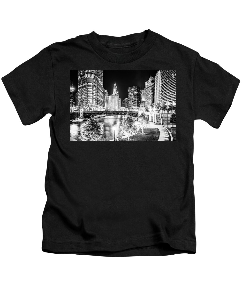 America Kids T-Shirt featuring the photograph Chicago River Buildings at Night in Black and White by Paul Velgos