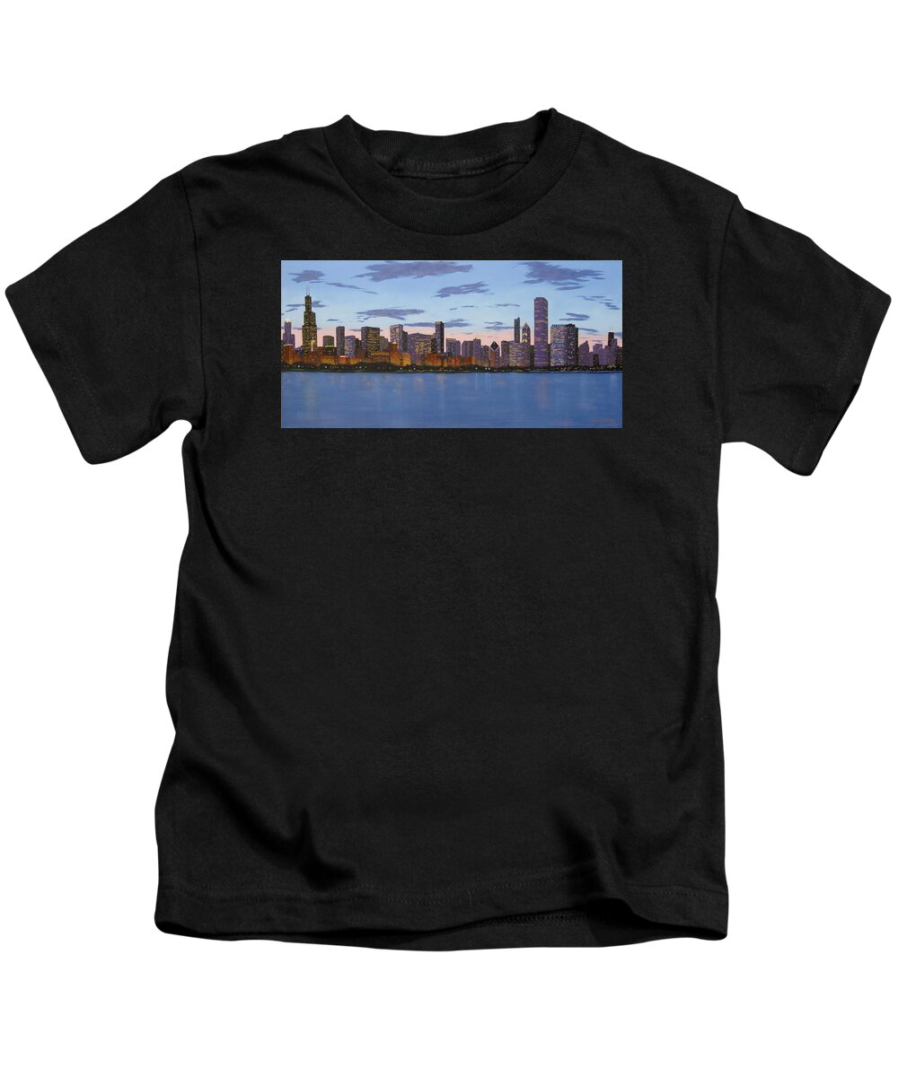 Chicago Paintings Kids T-Shirt featuring the painting Chicago Skyline -- Evening Approaches by J Loren Reedy