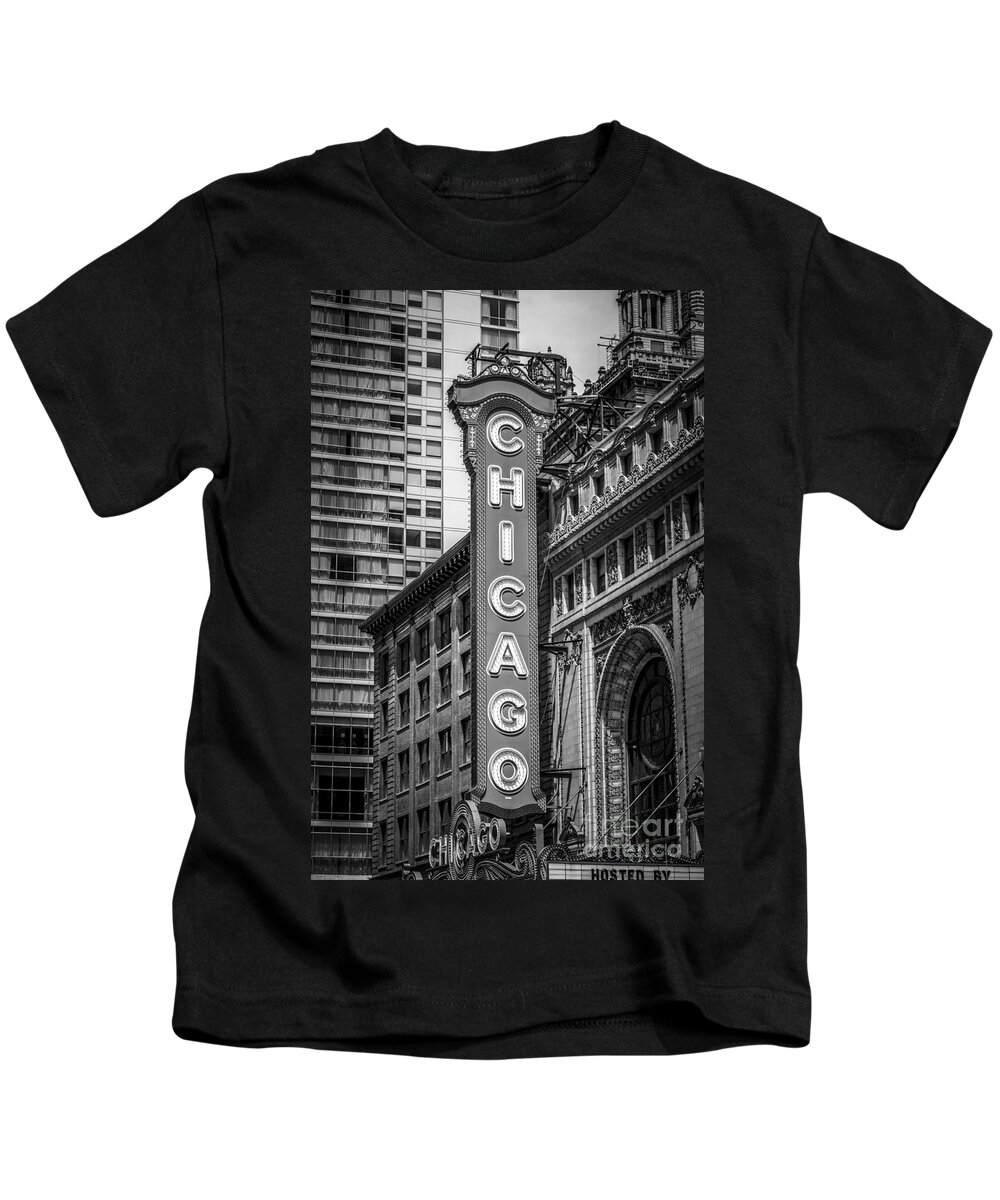 America Kids T-Shirt featuring the photograph Chicago Theater Sign in Black and White by Paul Velgos