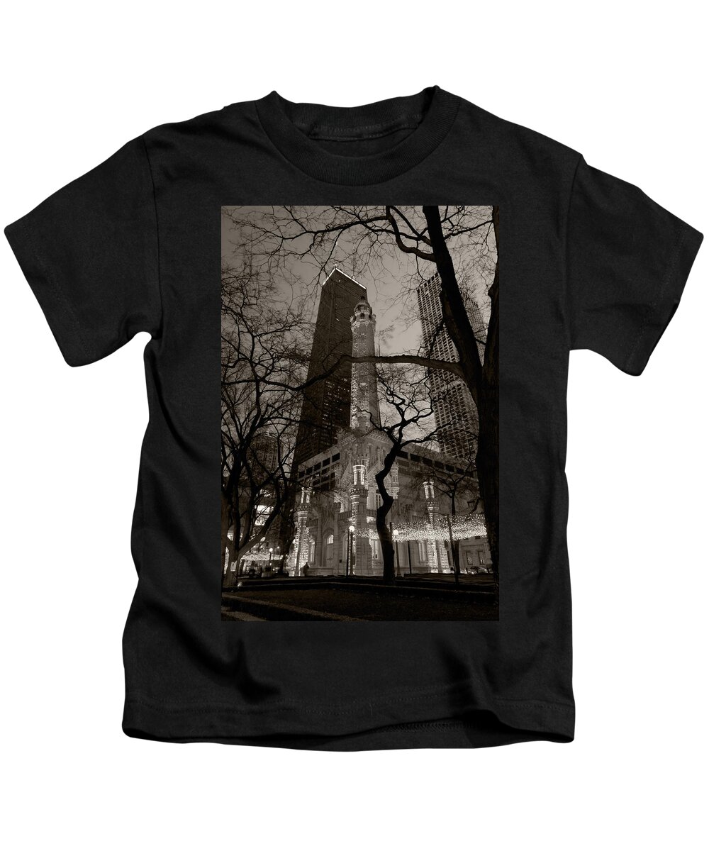 Ave Kids T-Shirt featuring the photograph Chicago Water Tower B W by Steve Gadomski