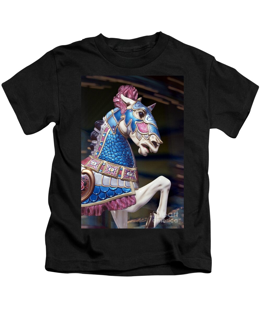 Carousel Kids T-Shirt featuring the photograph carousel horse photographs - War Horse in Blue by Sharon Hudson