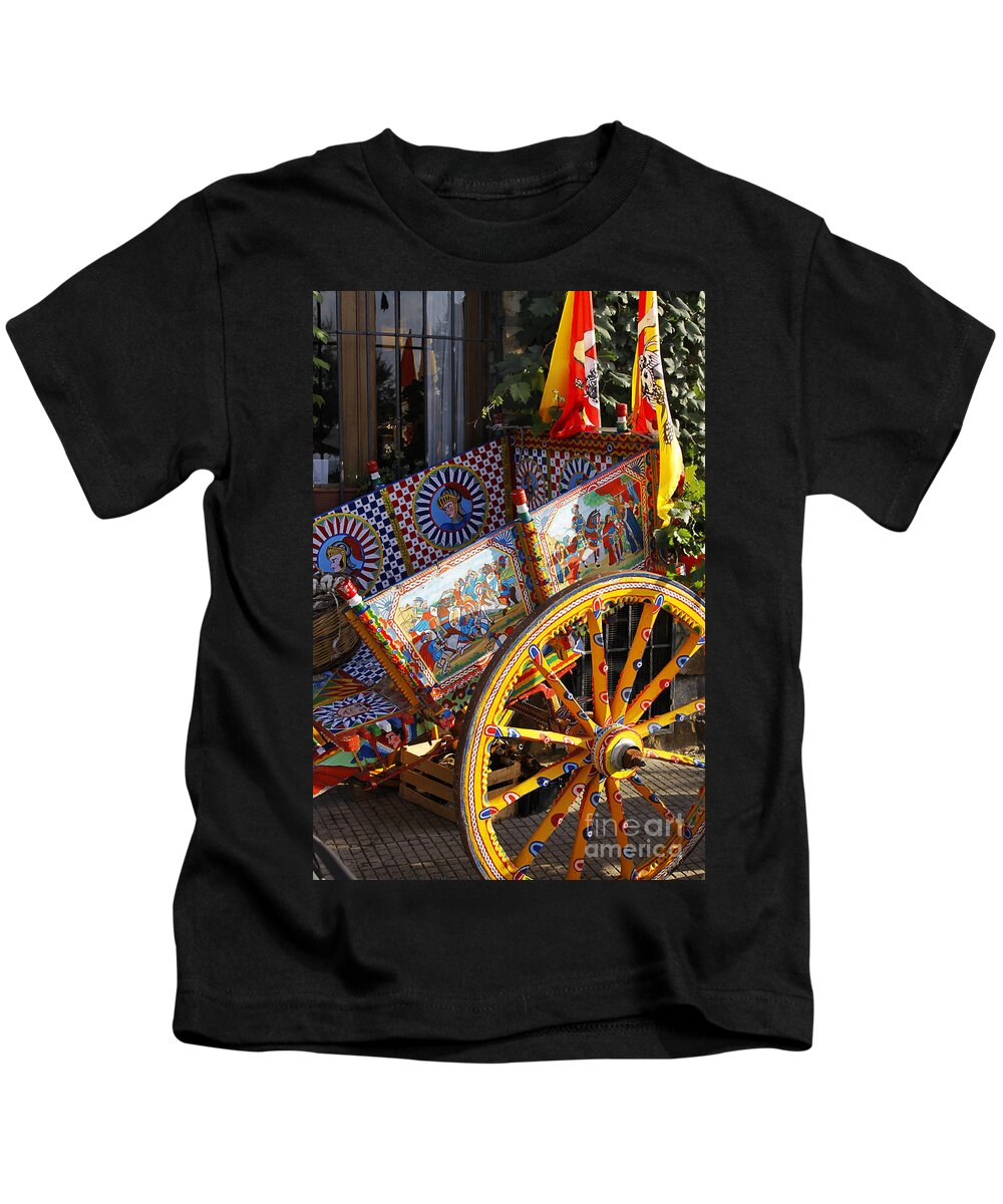 Sicily Kids T-Shirt featuring the photograph Colorful decorated horse carriage Cefalu Palermo Sicily Italy by Stefano Senise