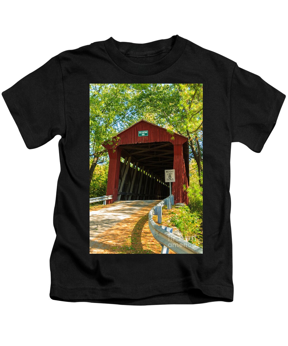 Covered Bridge Kids T-Shirt featuring the photograph Covered Bridge in Fall by Terri Morris