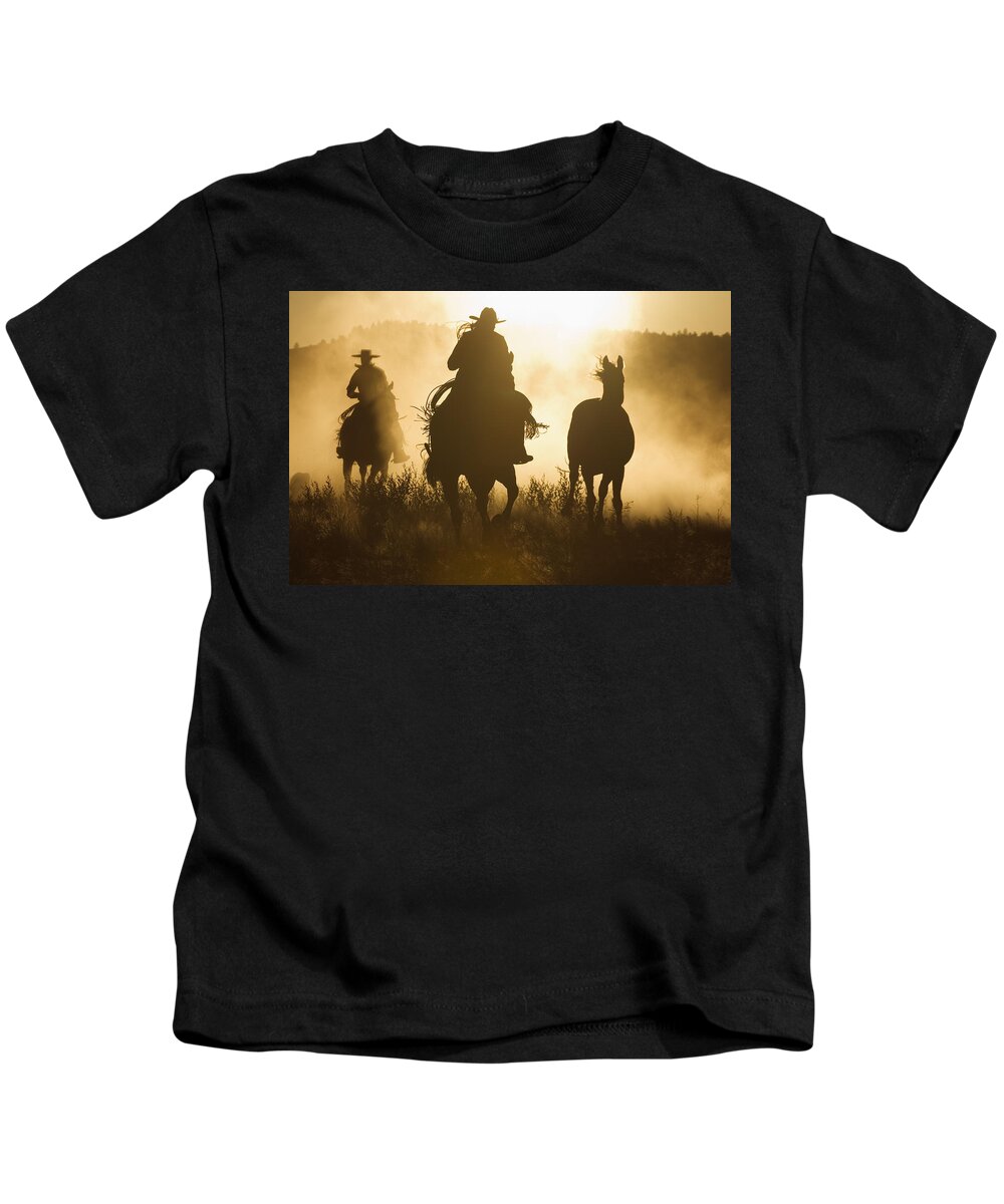Feb0514 Kids T-Shirt featuring the photograph Cowboys Herding Horses At Dusk Oregon by Konrad Wothe
