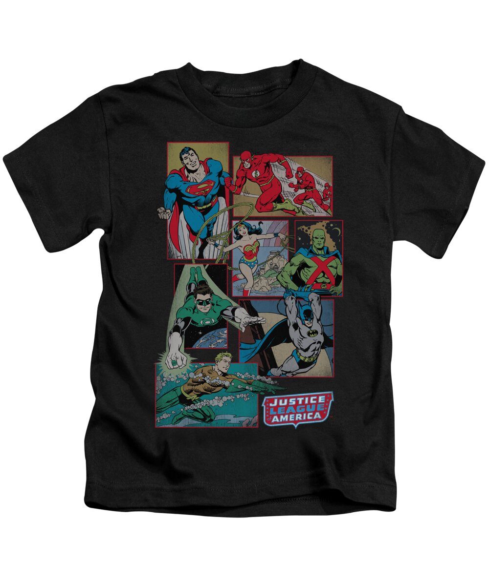  Kids T-Shirt featuring the digital art Dc - Justice League Boxes by Brand A