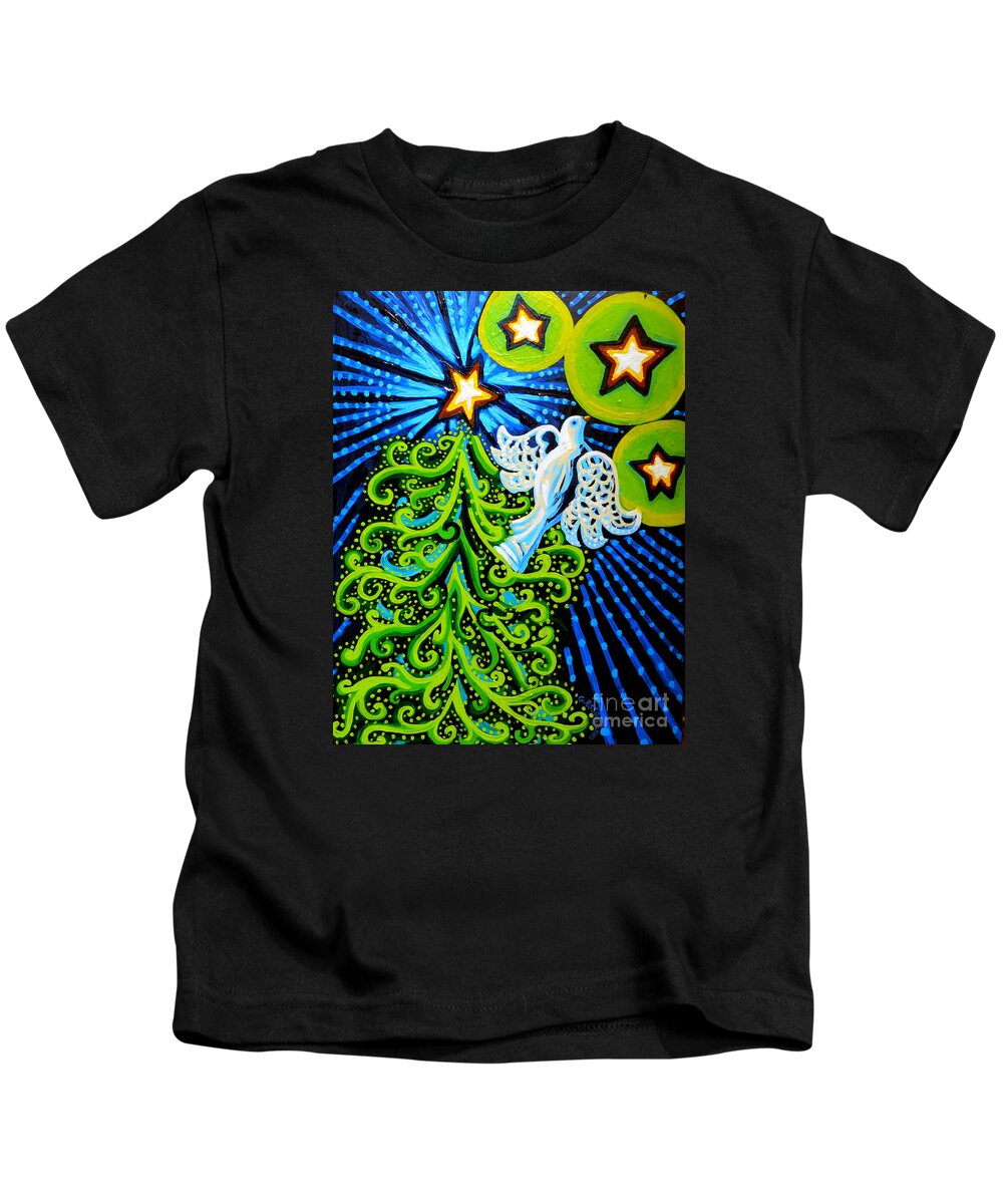 Dove And Christmas Tree Kids T-Shirt featuring the painting Dove and Christmas Tree by Genevieve Esson