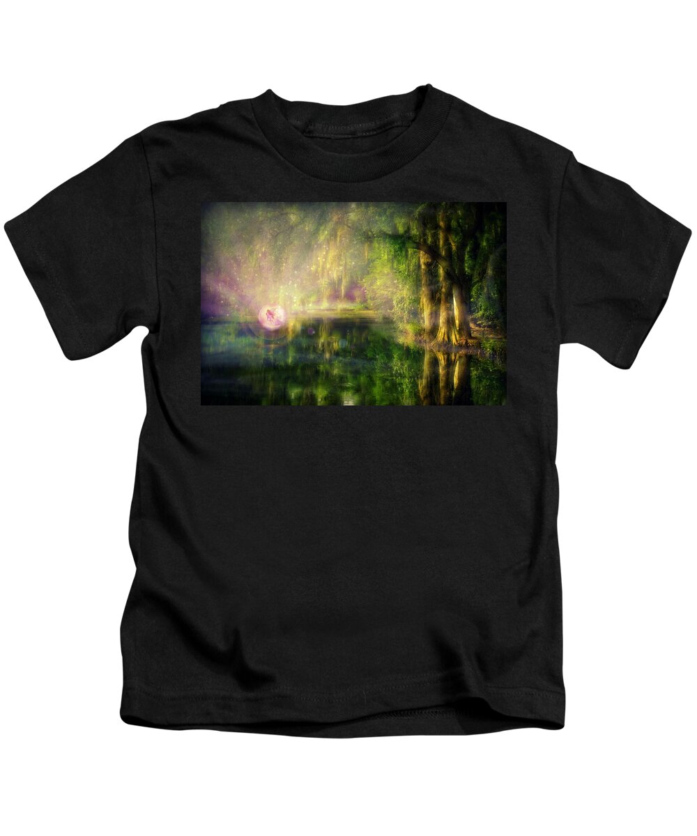 Fairy Kids T-Shirt featuring the digital art Fairy in Pink bubble in Serenity Forest by Lilia S