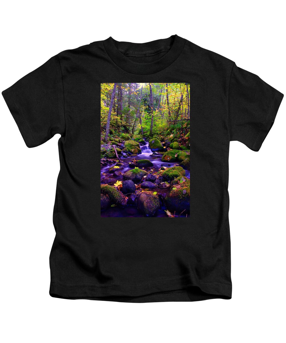 Rivers Kids T-Shirt featuring the photograph Fallen Leaves On The Rocks by Jeff Swan