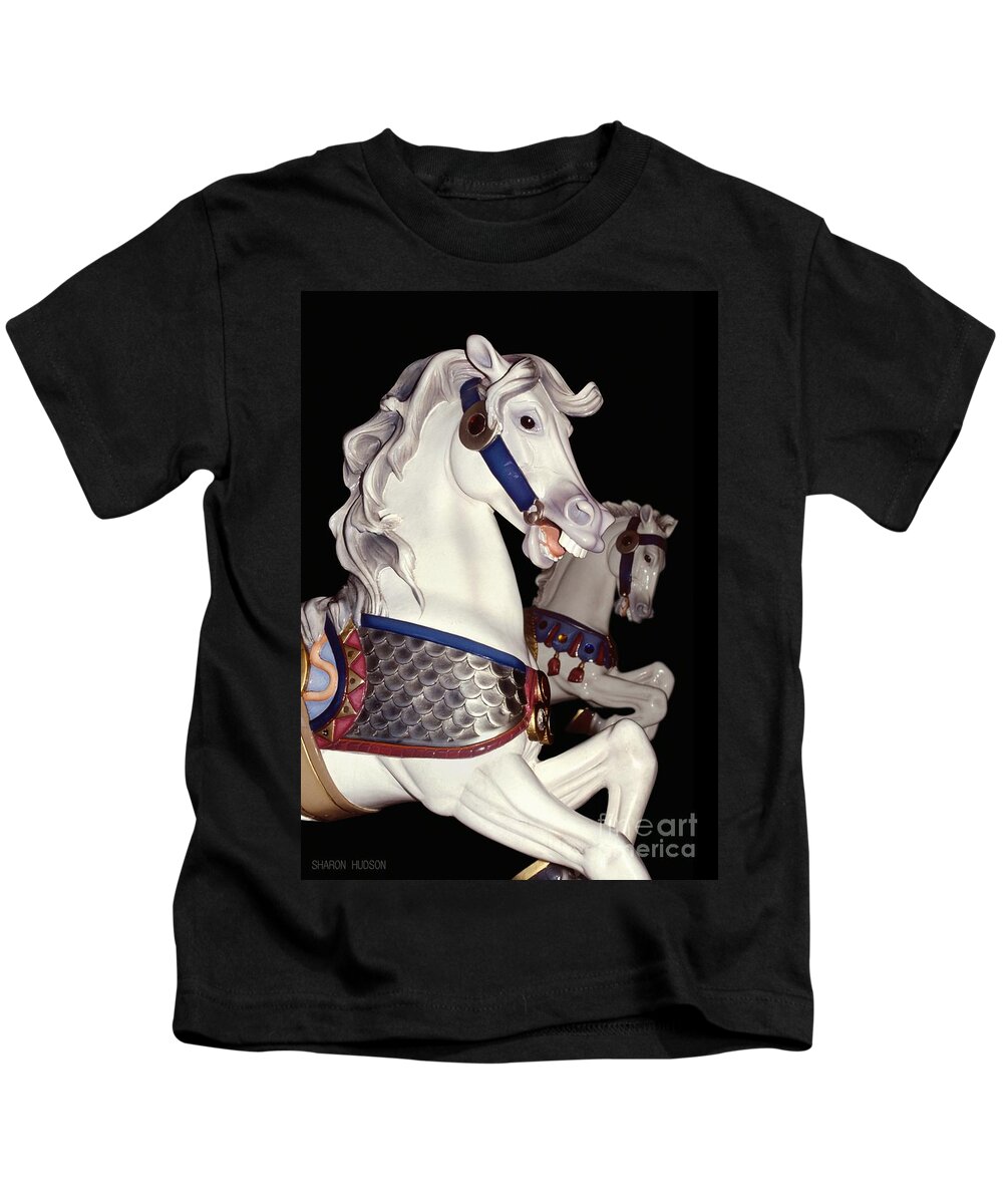 Carousel Kids T-Shirt featuring the photograph carousel horse photographs - Grays on Black by Sharon Hudson