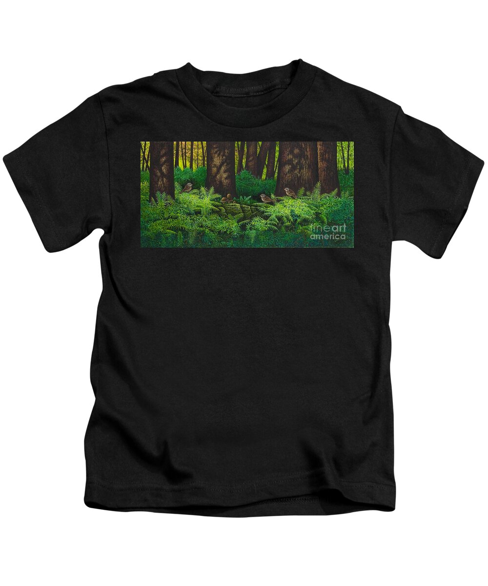 Sparrows Kids T-Shirt featuring the painting Gathering Among the Ferns by Michael Frank