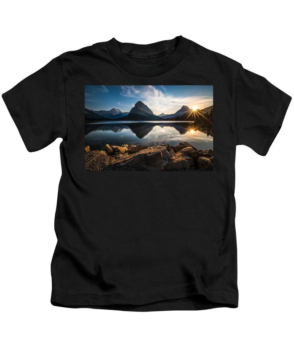 Glacierglacier National Parklakemontanamountains Sunsetreflection Landscape Kids T-Shirt featuring the photograph Glacier National Park by Larry Marshall