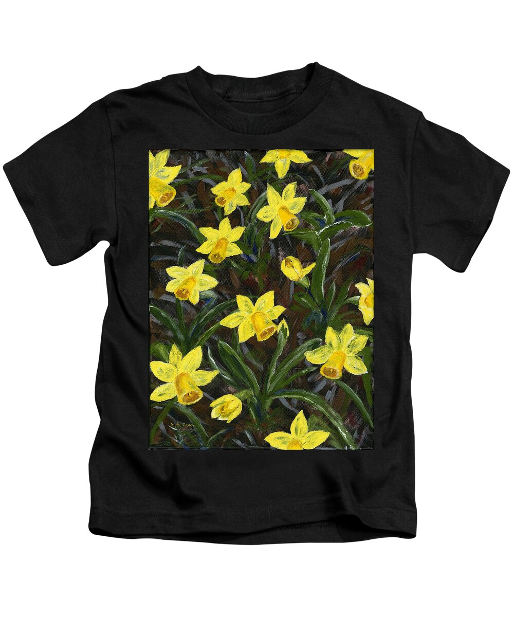 Flowers Kids T-Shirt featuring the painting Golden Trumpets by Alice Faber