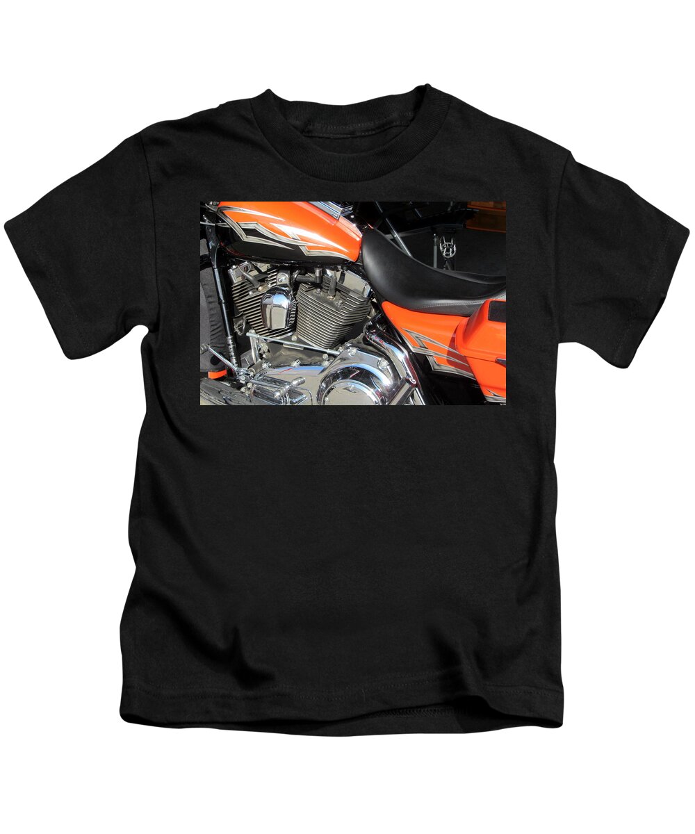 Motorcycles Kids T-Shirt featuring the photograph Harley Close-up Orange 1 by Anita Burgermeister