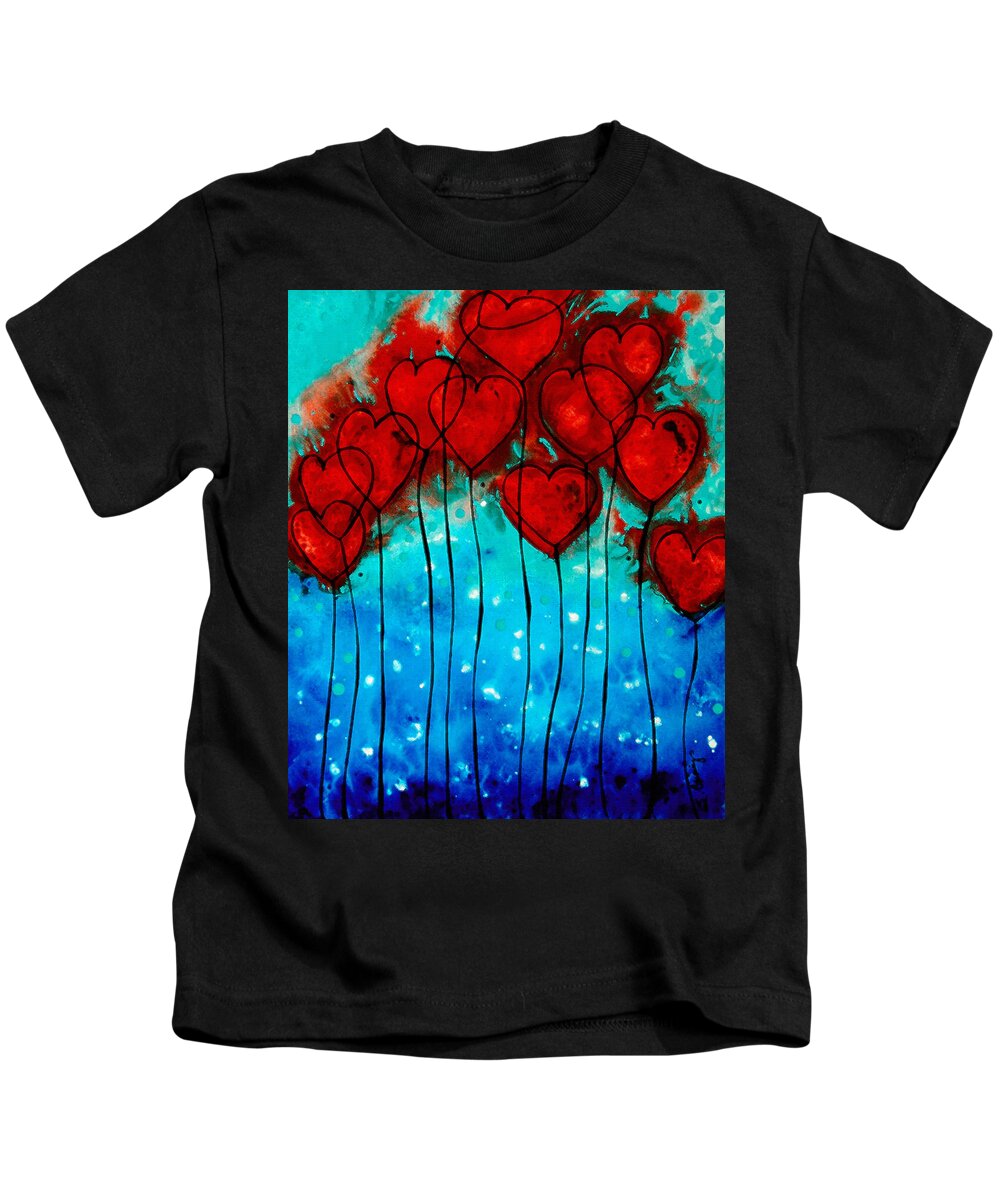 Red Kids T-Shirt featuring the painting Hearts on Fire - Romantic Art By Sharon Cummings by Sharon Cummings