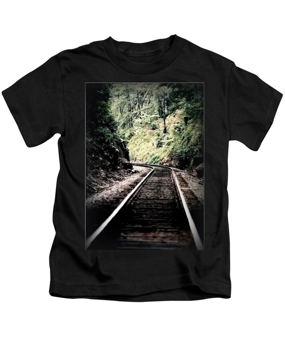 Railroad Kids T-Shirt featuring the photograph Hegia Burrow Railroad Tracks by Lesa Fine