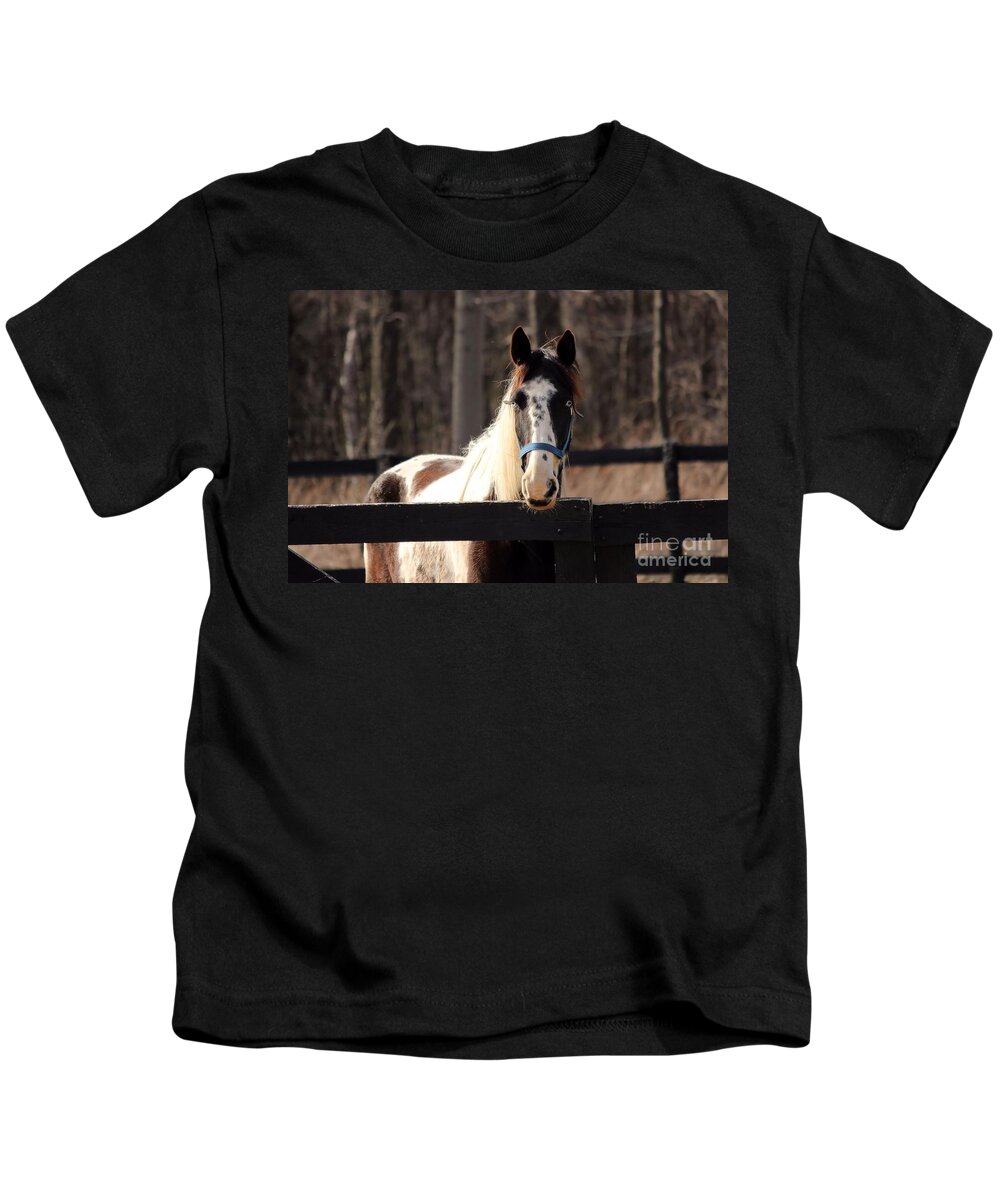 Horse Kids T-Shirt featuring the photograph Horse at the Gate by Janice Byer