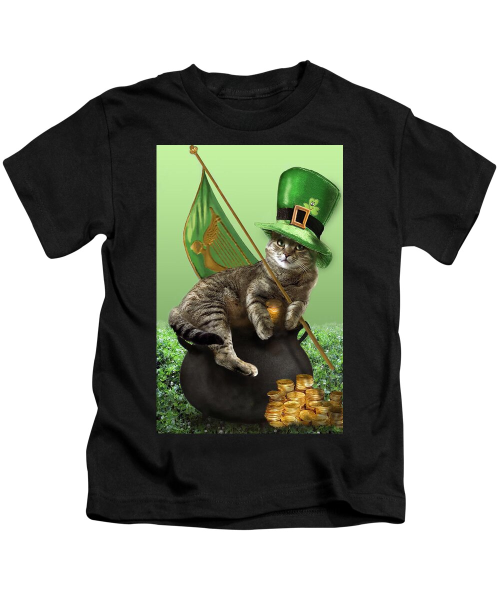  Humorous Holliday St. Patrick's Day Irish Cat Kids T-Shirt featuring the painting St. Patrick's day Irish cat sitting on a pot of gold by Regina Femrite
