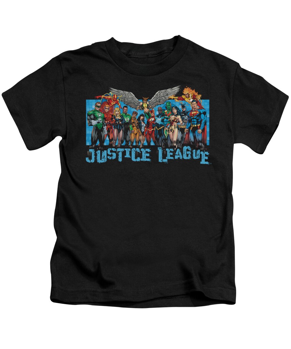  Kids T-Shirt featuring the digital art Jla - League Lineup by Brand A