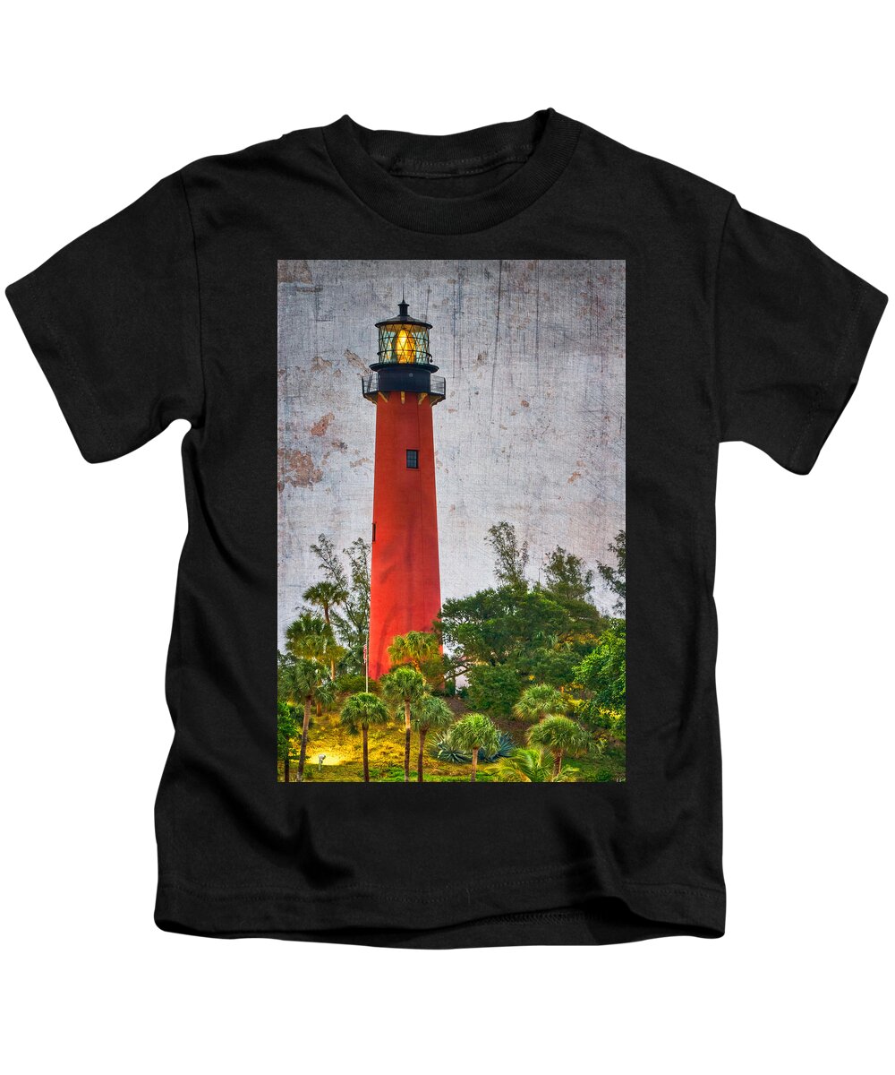 Clouds Kids T-Shirt featuring the photograph Jupiter Lighthouse by Debra and Dave Vanderlaan