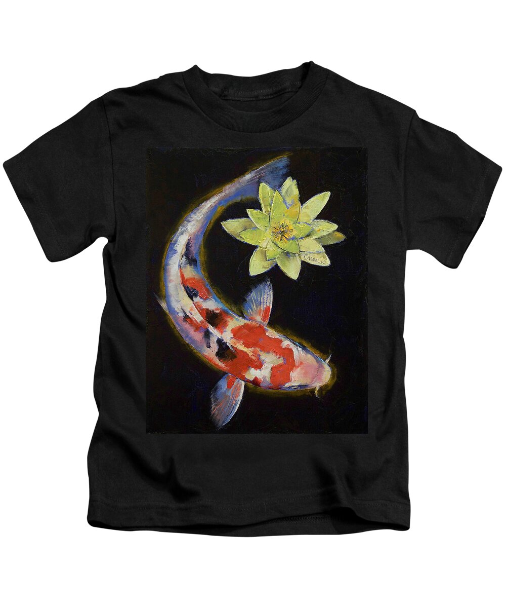 Koi Kids T-Shirt featuring the painting Koi with Yellow Water Lily by Michael Creese
