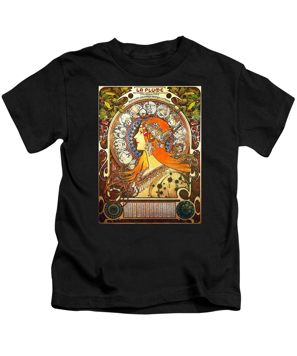 Alphonse Mucha Kids T-Shirt featuring the painting La Plume Zodiac by Alphonse Mucha