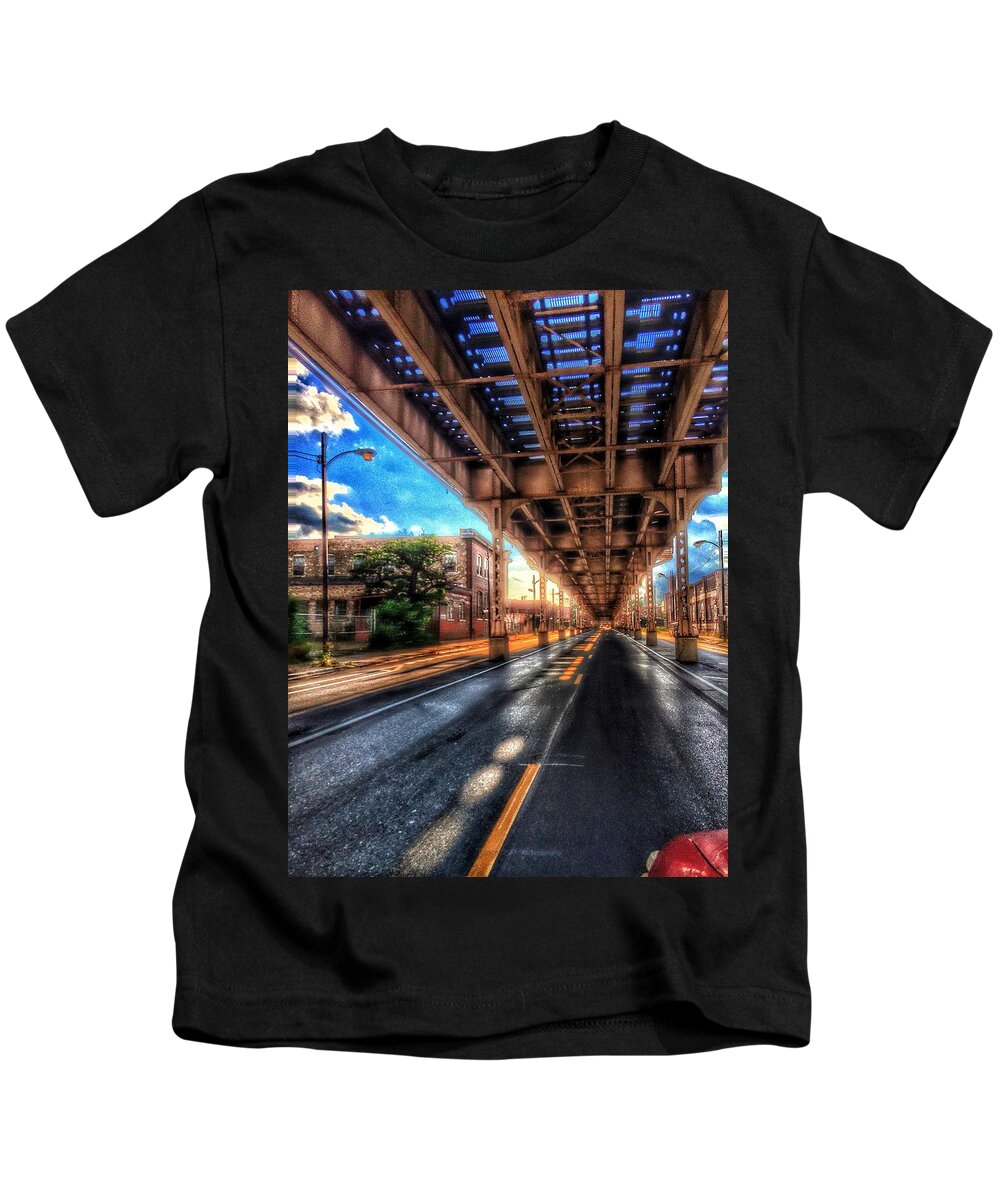 Train Kids T-Shirt featuring the photograph Lake Street El Tracks by Nick Heap