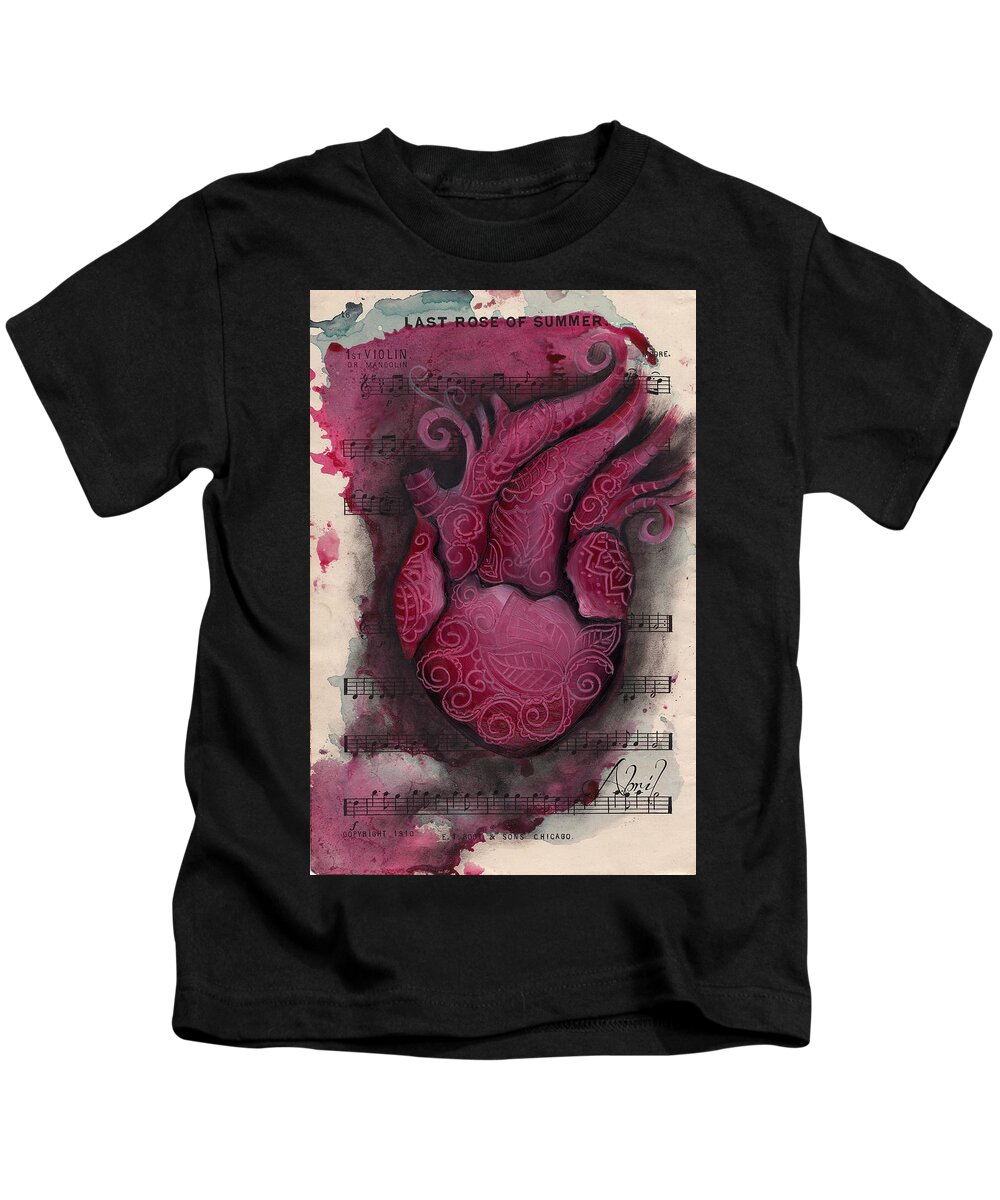 Human Heart Kids T-Shirt featuring the painting Last Summer Rose by Abril Andrade