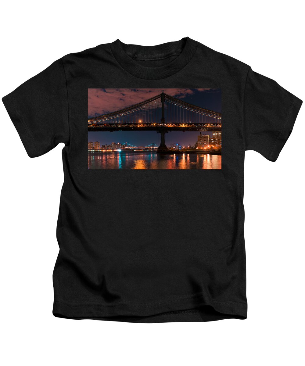 Amazing Brooklyn Bridge Photos Kids T-Shirt featuring the photograph Manhattan Bridge Framing Williamsburg Bridge by Mitchell R Grosky