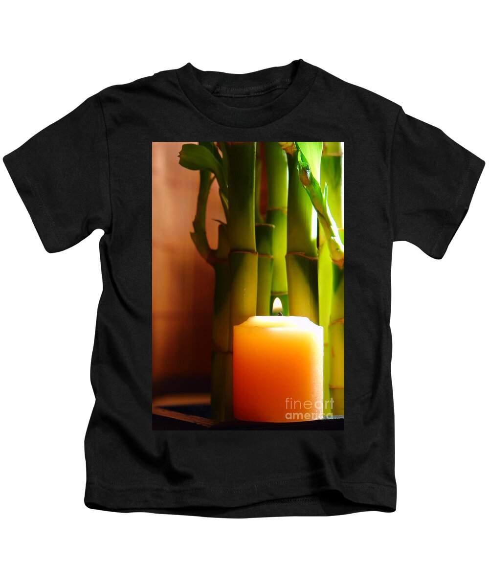 Bamboo Kids T-Shirt featuring the photograph Meditation Candle and Bamboo by Olivier Le Queinec