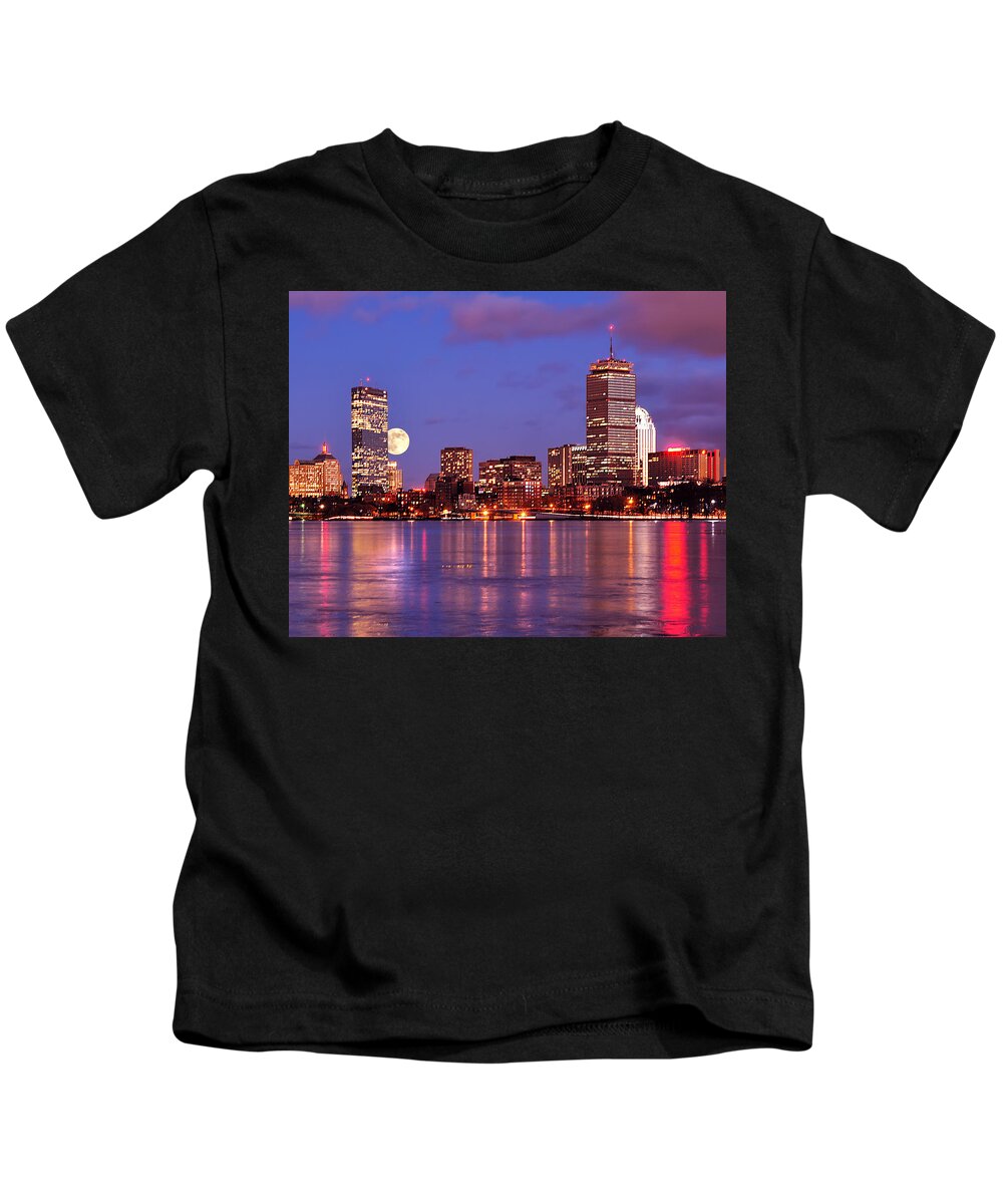 Boston Strong Kids T-Shirt featuring the photograph Moonlit Boston on the Charles by Mitchell R Grosky