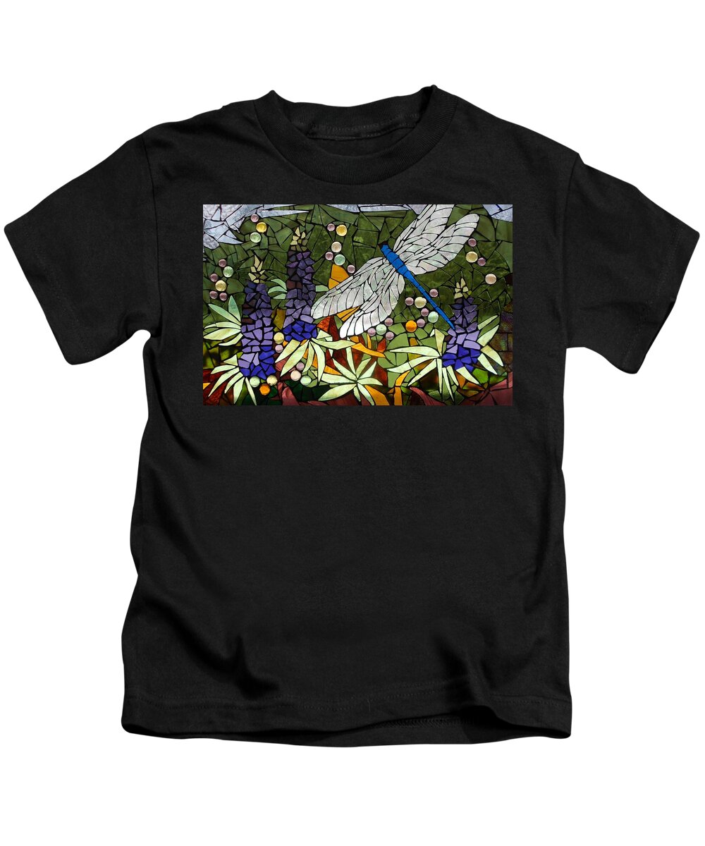 Dragonfly Kids T-Shirt featuring the glass art Mosaic Stained Glass - Lupins and dragonfly by Catherine Van Der Woerd