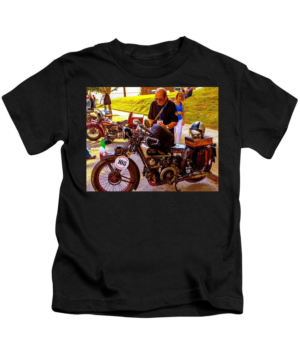 Antique Vintage Moto Guzi Motorcycle Kids T-Shirt featuring the photograph Moto Guzzi at Cannonball Motorcycle by Jeff Kurtz