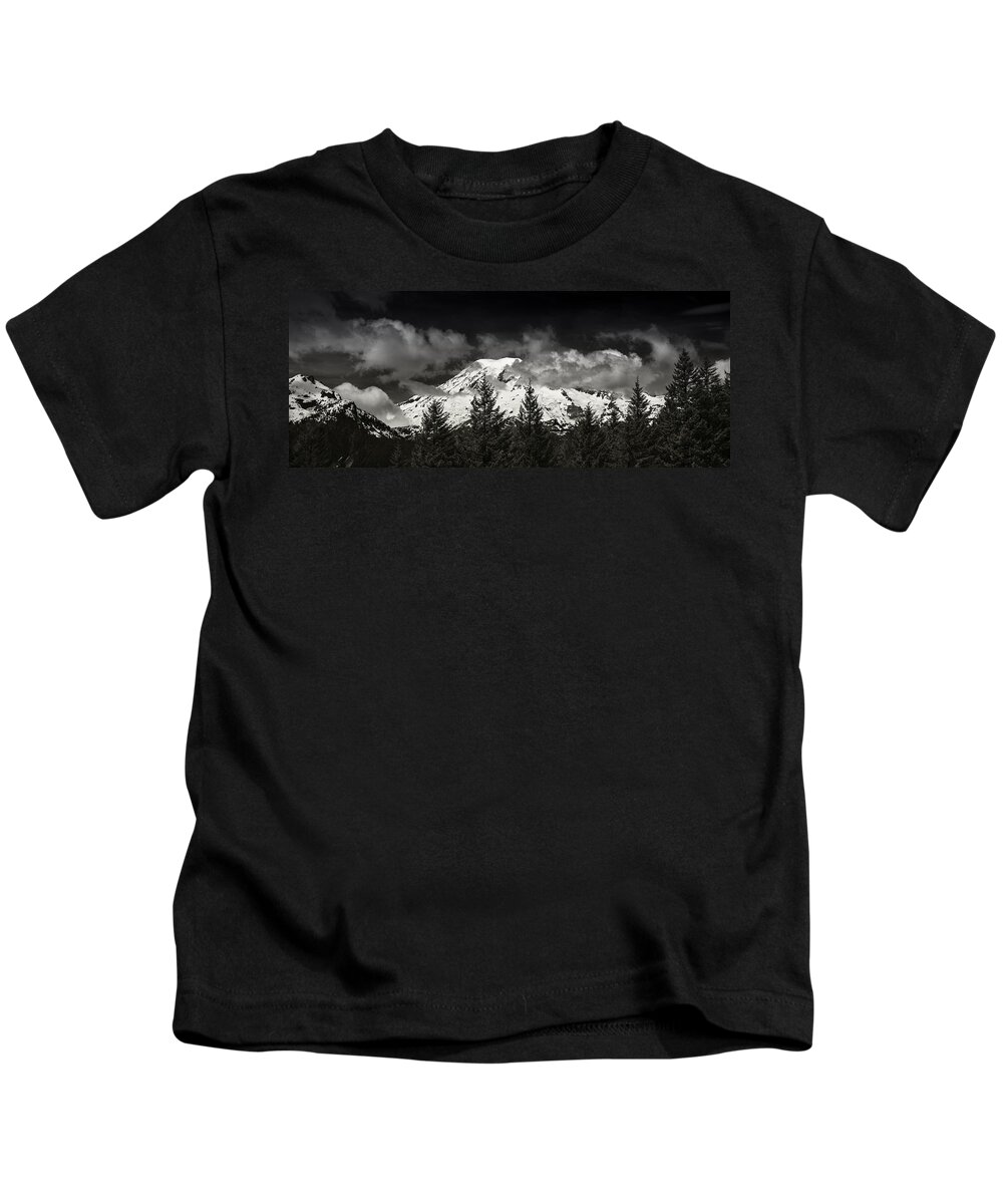 Mt Kids T-Shirt featuring the photograph Mt Rainier Panorama B W by Steve Gadomski