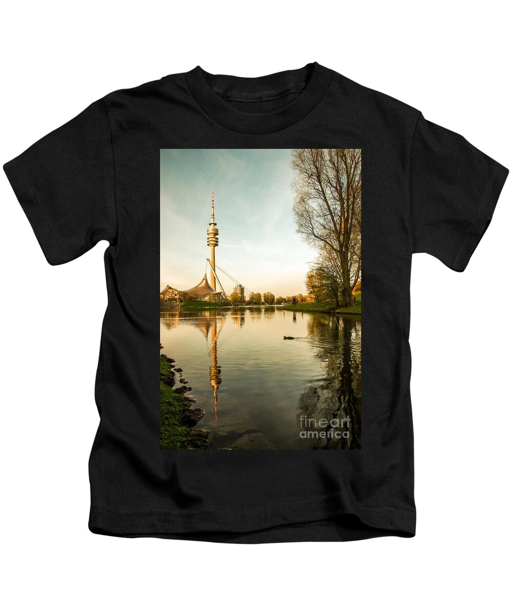 Architecture Kids T-Shirt featuring the photograph Munich - Olympiapark - Vintage by Hannes Cmarits