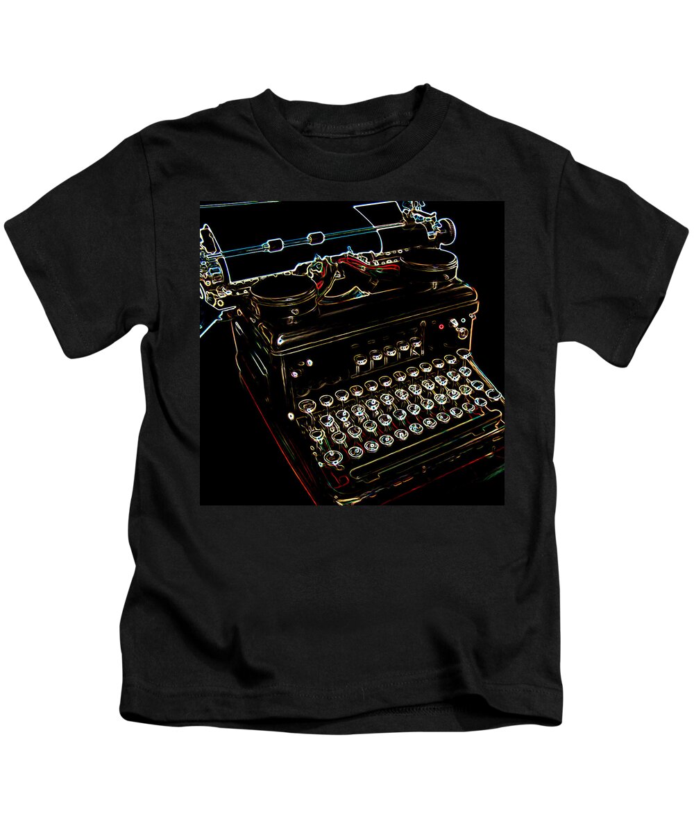 Digital Art Kids T-Shirt featuring the digital art Neon Old Typewriter by Ernest Echols