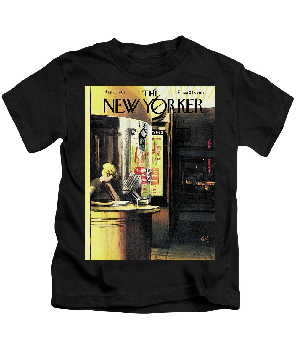 (a Lonely Cashier Reads In A Movie Ticket Booth While Waiting For Customers.)entertainment Movies Theater Reading Literature Arthur Getz Arthur Getz Agt Artkey 46182 Kids T-Shirt featuring the painting New Yorker May 6th, 1961 by Arthur Getz