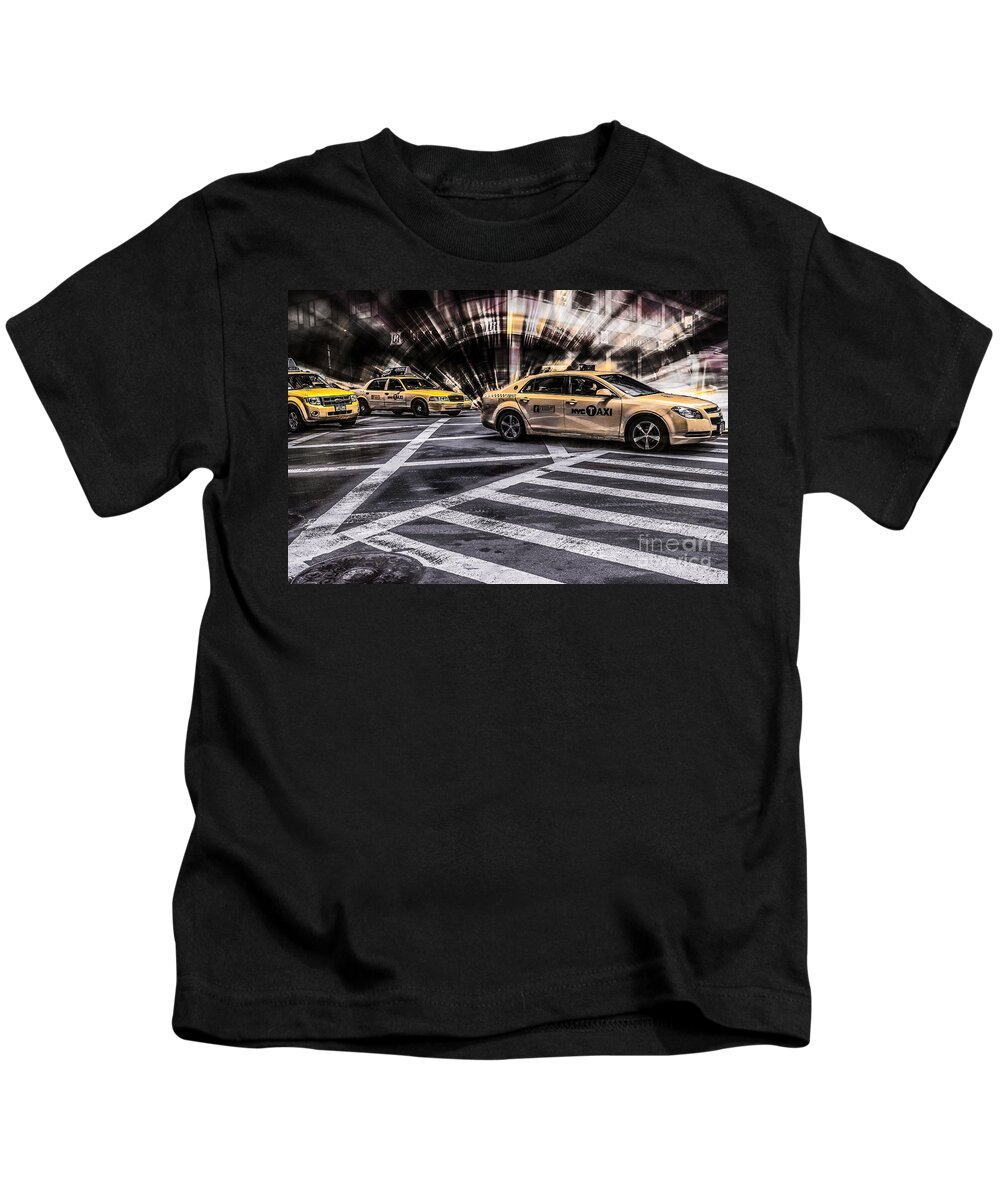 5th Kids T-Shirt featuring the photograph NYC Yellow Cab on 5th Street - white by Hannes Cmarits
