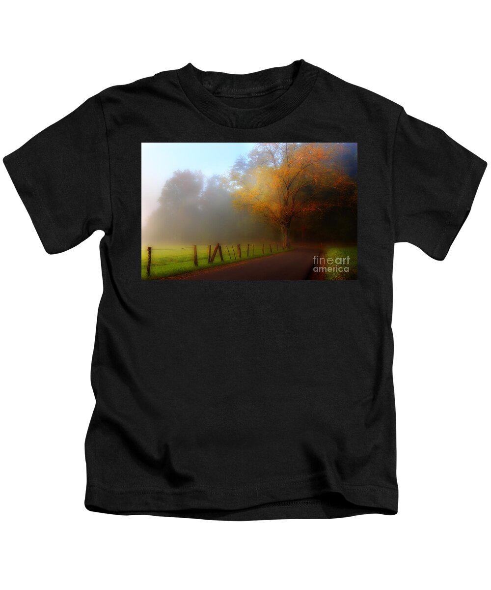 Cades Cove Kids T-Shirt featuring the photograph October And Fog by Michael Eingle