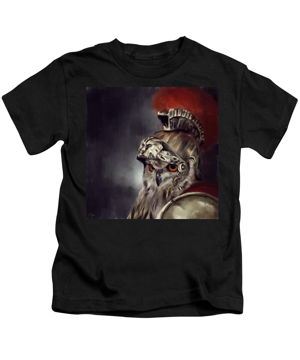 Owl Kids T-Shirt featuring the painting Owl Roman Warrior by Lourry Legarde