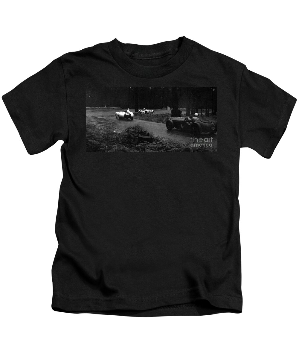 Phil Hill Kids T-Shirt featuring the photograph Phil Hill and Bill Pollack at Pebble Beach Road Races in 1955 by Robert K Blaisdell